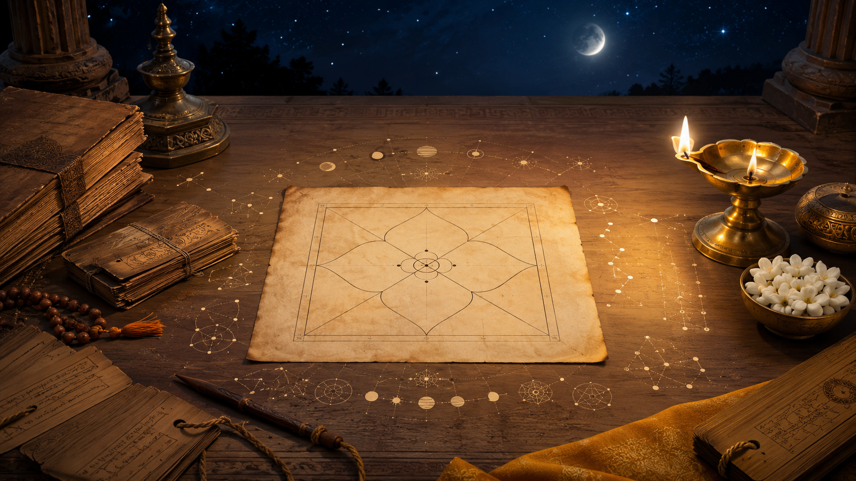 Thème védique, Nakshatras et Dashas symbolisant l'apprentissage de l'Astrologie Védique.