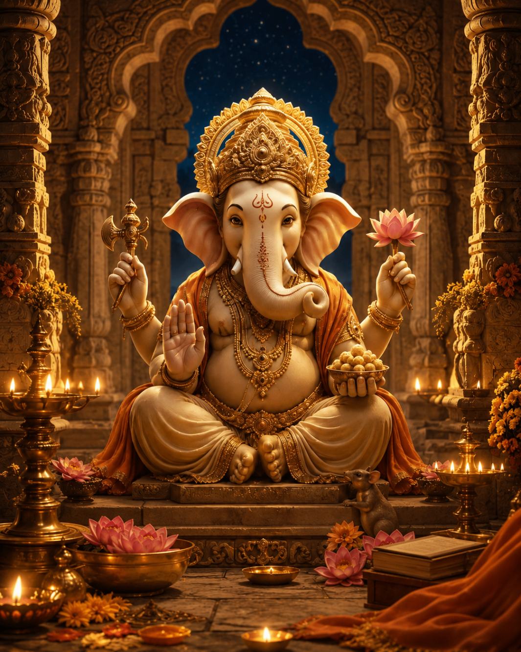 Ganesha dans une ambiance hindoue traditionnelle symbolisant la sagesse et l'ouverture du chemin.