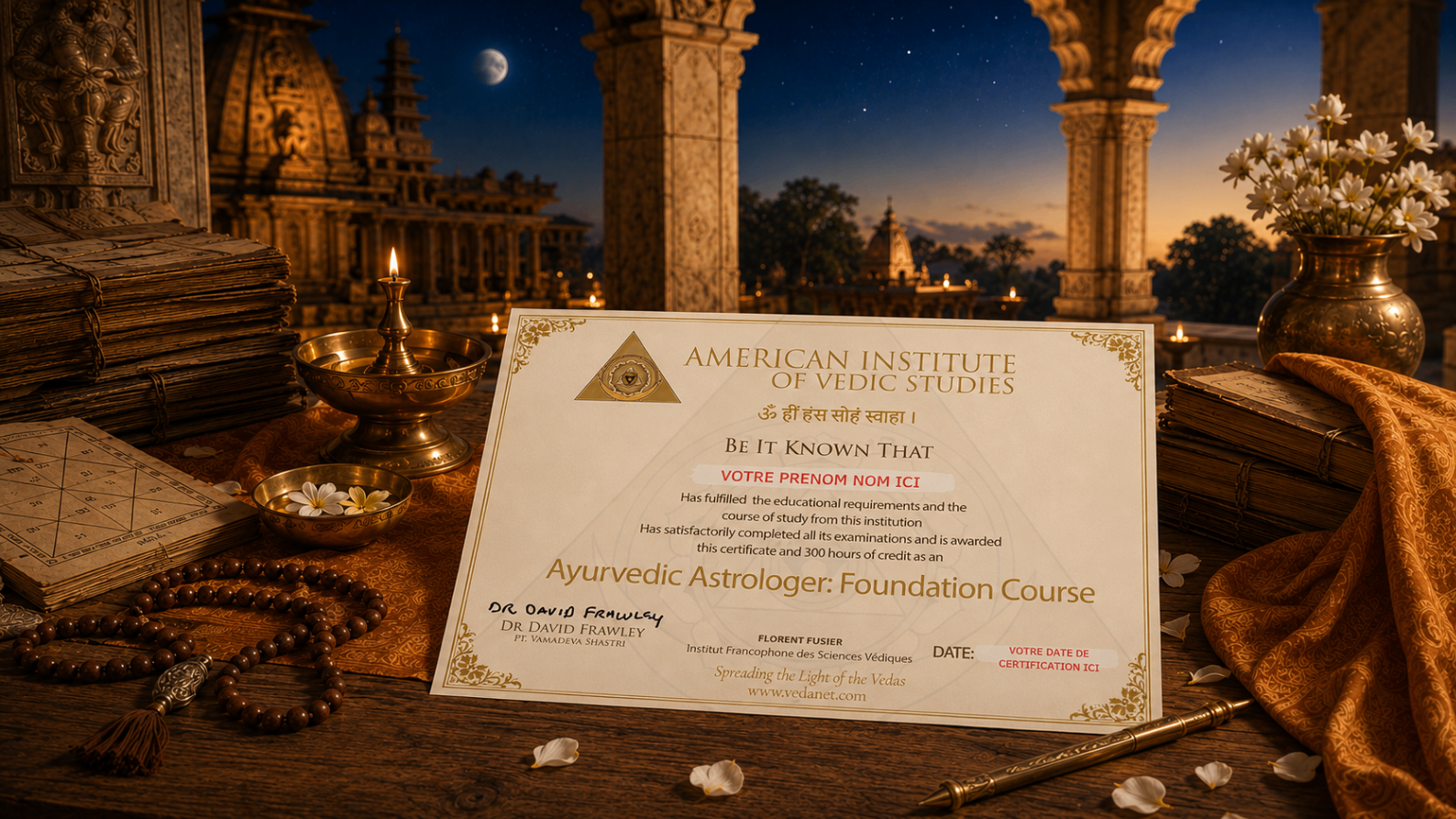 Certificat Ayurvedic Astrologer de l'American Institute of Vedic Studies et de l'Institut Francophone des Sciences Védiques.