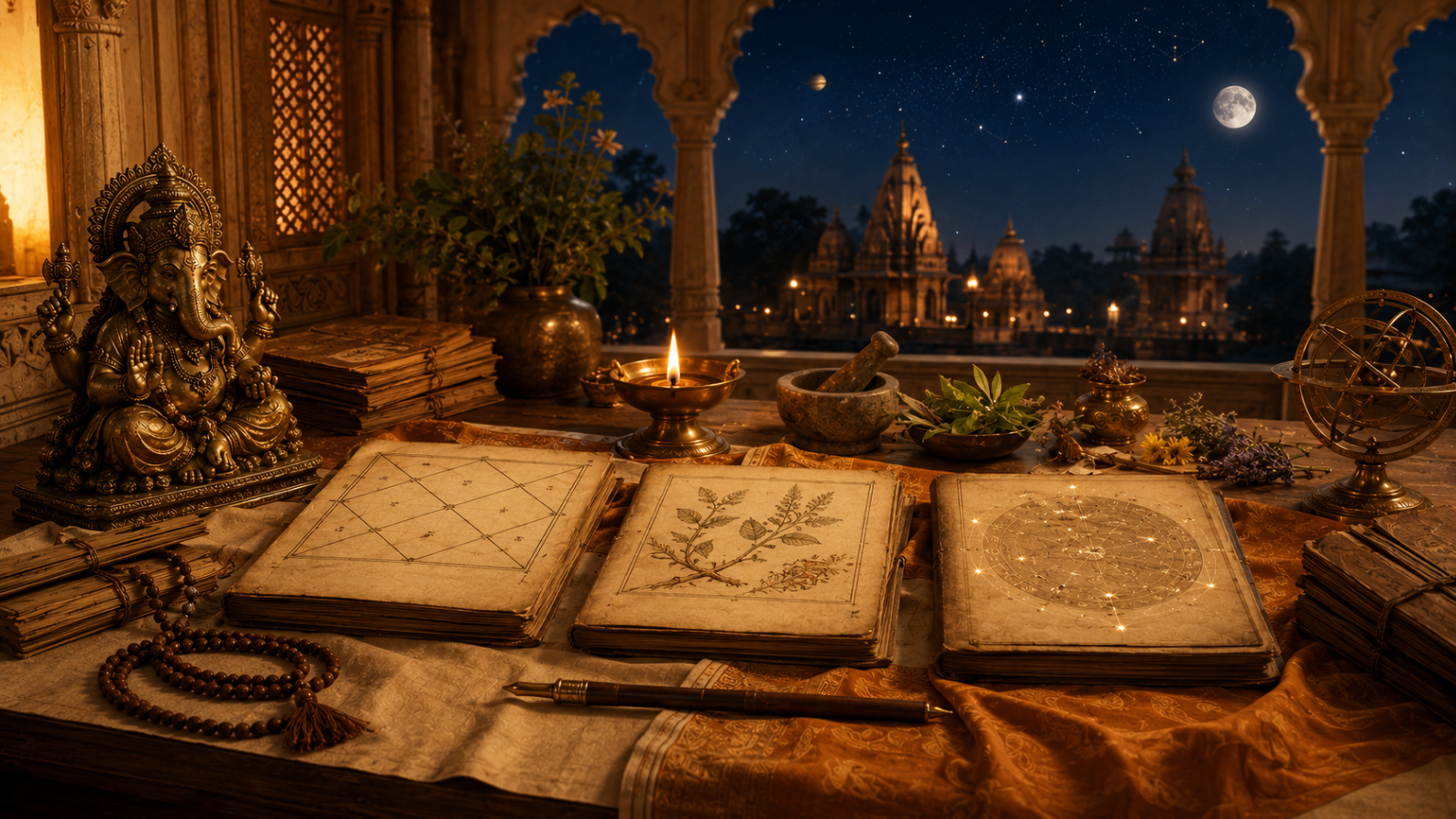 Trois manuscrits védiques symbolisant les trois modules de la formation Jyotish.