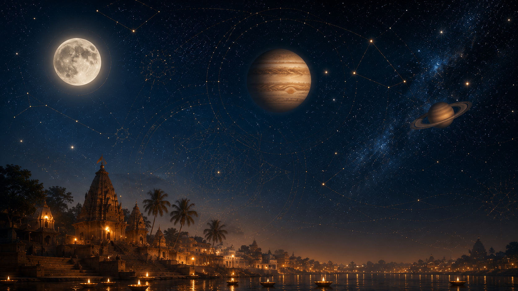 Lune, Jupiter et Saturne dans un ciel étoilé symbolisant les cycles planétaires du Jyotish.