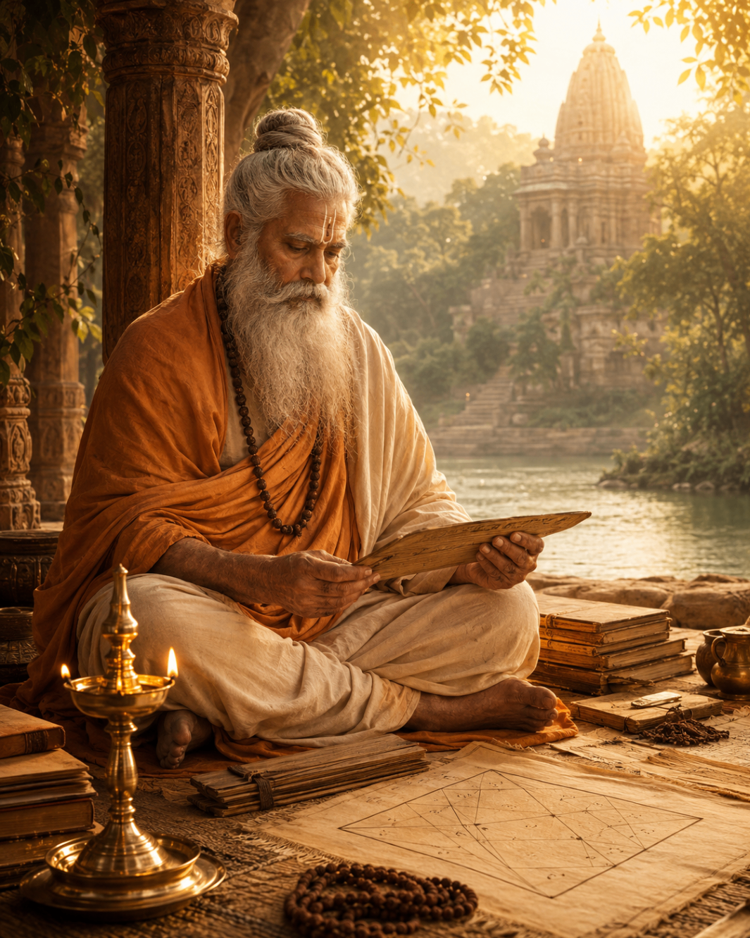 Rishi védique étudiant un manuscrit symbolisant la transmission du Jyotish.